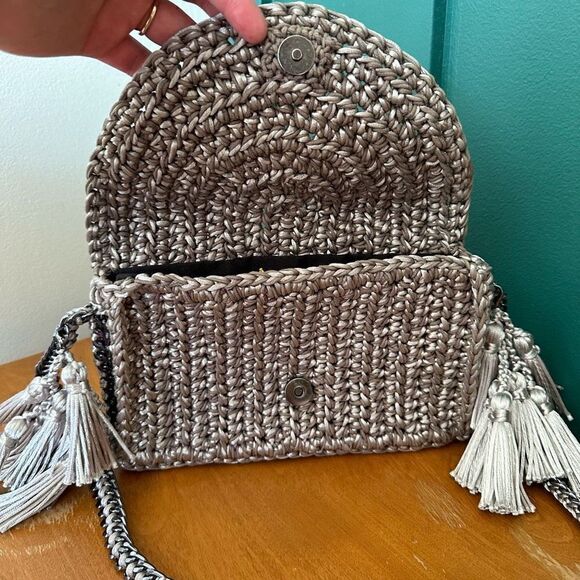 Catarina Mina Mira Handbag in Argenta Gris Crochet Pewter Silver Satin Threads - Picture 9 of 14